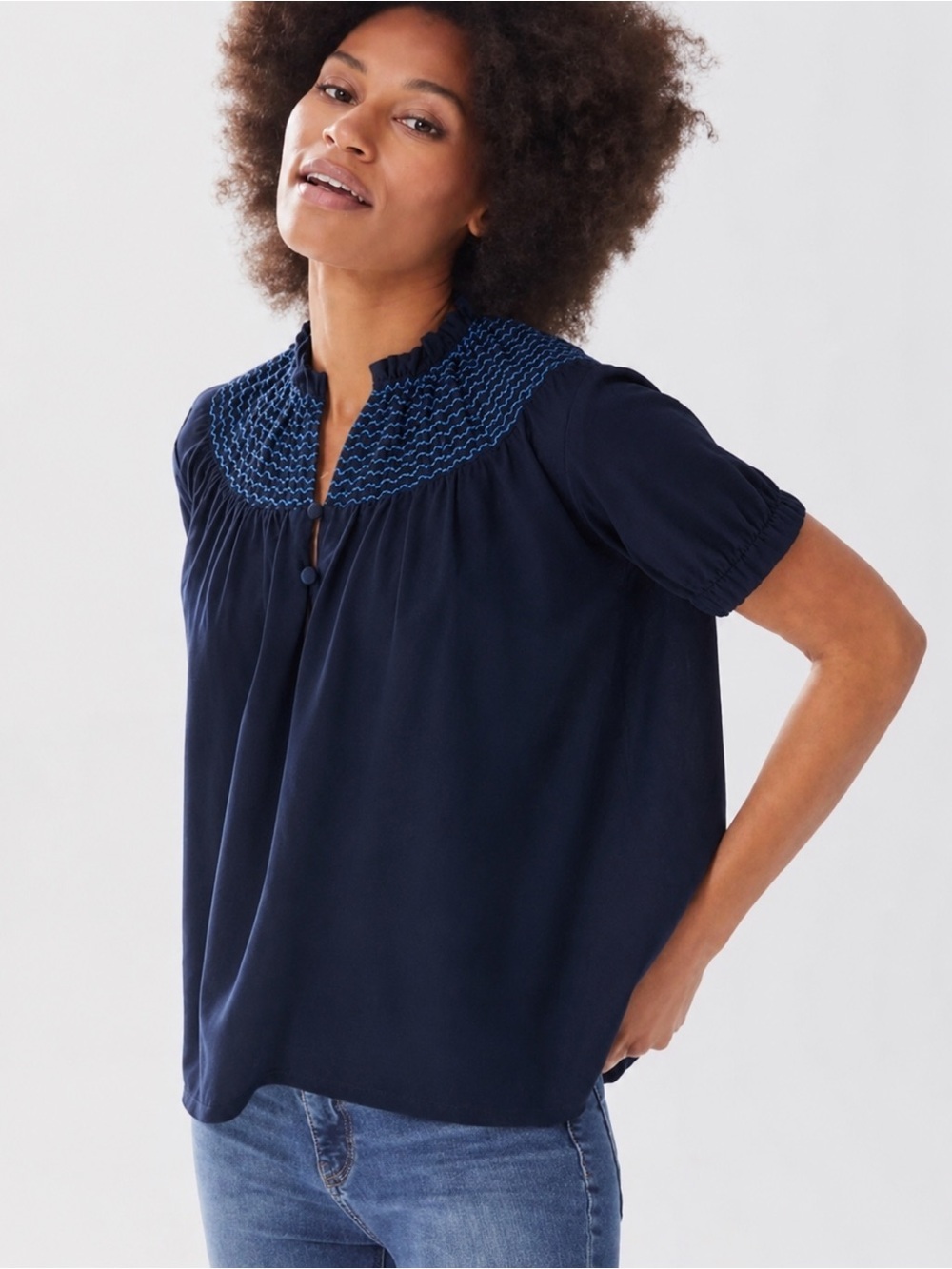 Alice Walk Smocked Yoke V-Neck Blouse Short Sleeve Navy Blue Size Medium